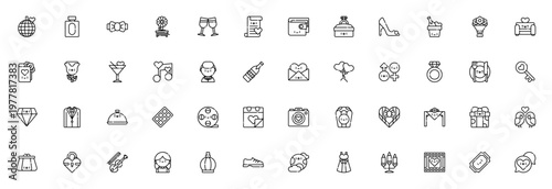 Date Night icon set. Vector illustration pack with disco ball, perfume, ring, champagne, bouquet, movie ticket and more romantic symbols for invitation, gift, couple and evening.