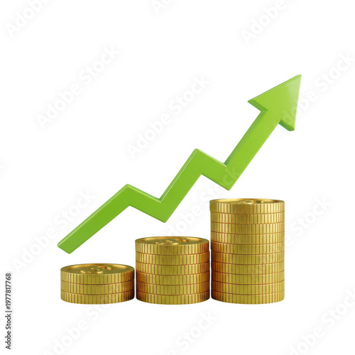 Stack of gold coins with green upward arrow chart representing financial growth, investment