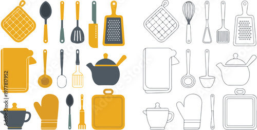 Kitchen utensils set with colorful icons and matching outline silhouettes for coloring.Kitchen utensils set with colorful icons and matching outline silhouettes for coloring.