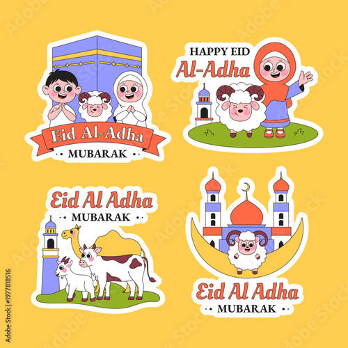 Happy Eid Al Adha Social Media Label Flat Cartoon Hand Drawn Illustration