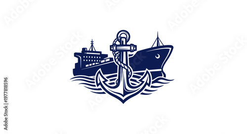 Maritime Transport Symbol: Anchor, Ships and Waves Illustration
