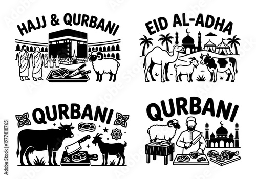Islamic Hajj and Eid Al-Adha Illustration Set for Religious Festival Greeting Cards Event Promotion regarding Qurbani Sacrifice Rituals and Pilgrimage Traditions