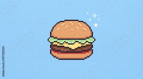 Pixel Art Cheeseburger Icon on Blue Background