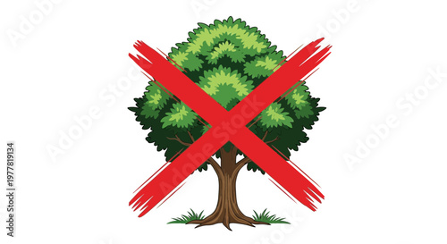 No Tree Allowed Sign, Red Cross Over Green Tree, Deforestation Concept