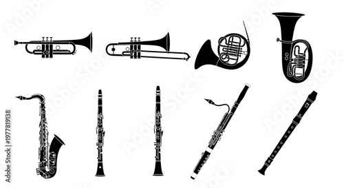 Collection of Brass and Woodwind Musical Instruments Silhouettes