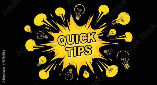 Quick Tips Lightbulb Idea Burst Explosion Yellow Speech Bubble Black Background