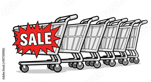 Shopping carts lined up with a red SALE burst, symbolizing discounts and retail promotions.