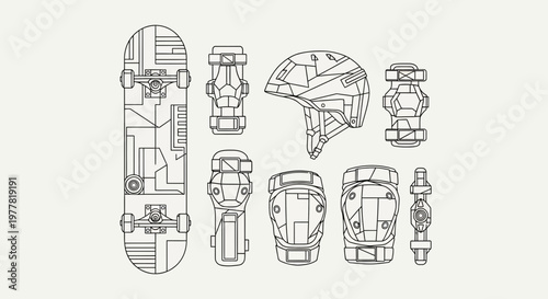 Skateboard Gear Blueprint: Skateboard, Helmet, Pads - Line Art Vector