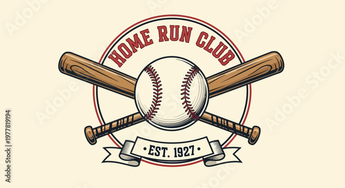 Vintage Home Run Club Baseball Emblem with Crossed Bats and Ball, Est. 1927