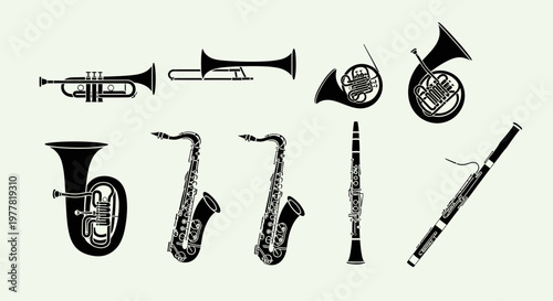 Orchestral Woodwind and Brass Musical Instruments Silhouette Collection
