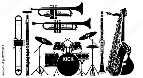 Silhouette Collection of Musical Instruments: Brass, Woodwind, and Percussion