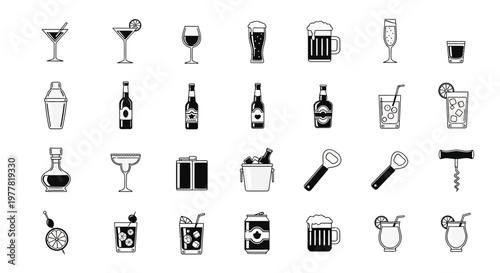 Diverse Collection of Beverage Icons: Cocktails, Beer, Wine, Spirits, and Bar Tools