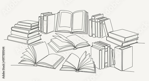 Stack of Books and Open Books Sketch, Library, Study, Knowledge, Reading Concept