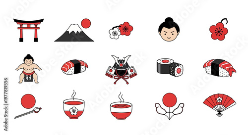 Japanese Culture Icons: Sumo, Sushi, Samurai, Tea, Mt Fuji, Torii Gate