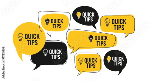 Quick Tips Speech Bubbles: Idea Lightbulb, Advice, Information, Strategy, Solution