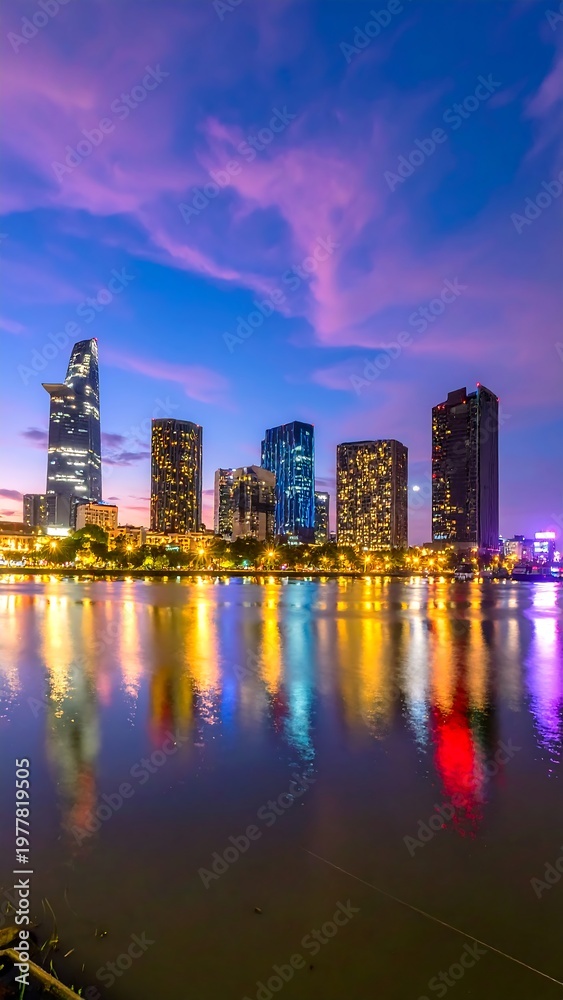 Fototapeta premium Illuminated cityscape reflecting in calm water under a vibrant twilight sky