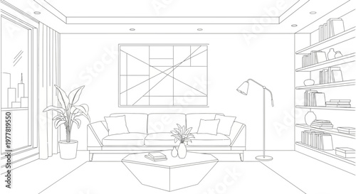 Modern Living Room Sketch: Sofa, Bookshelf, Coffee Table, Floor Lamp, Window