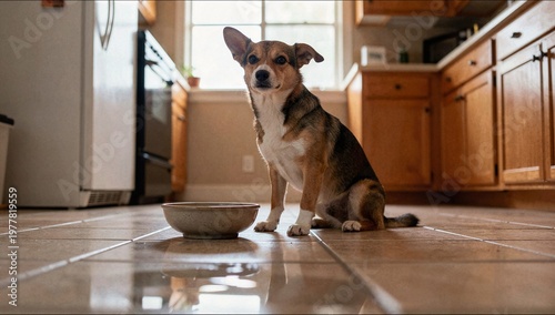 A small mixed breed dog sits patiently on a tiled kitchen floor next to its food bowl, looking up with an expectant and hopeful expression.