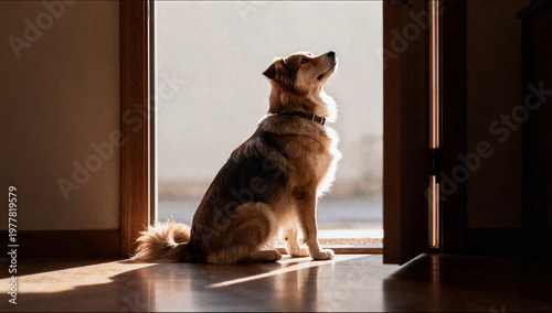 Fotografie A medium-sized dog sits in a doorway, silhouetted by bright natural light coming from outside, looking up expectantly towards the open sky