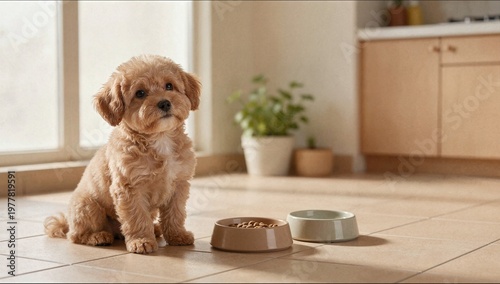 A fluffy brown toy poodle puppy sits patiently on a tiled kitchen floor next to its food and water bowls in the morning.