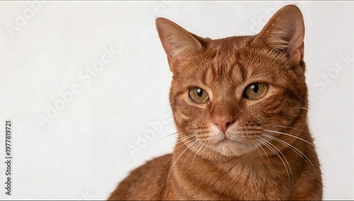 Extreme close-up portrait of a ginger tabby cat looking calmly to the side against a clean and neutral white background.
