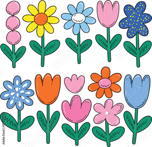 Collection of colorful cartoon flowers with green stems and leaves