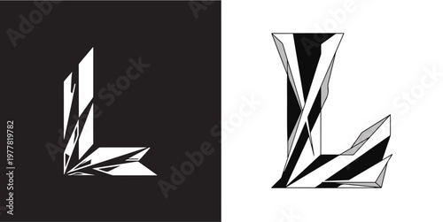 Vector graphic featuring two "L" letterforms: a white low-poly geometric version on a black background and its black-on-white inverse, showcasing sharp shards and faceted crystalline textures.