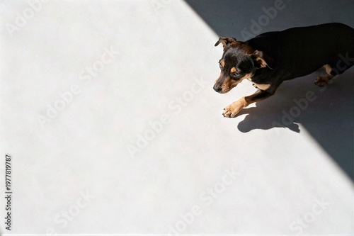 Photography Top view of a small black and tan dachshund puppy walking into a harsh shadow on a bright white concrete floor surface