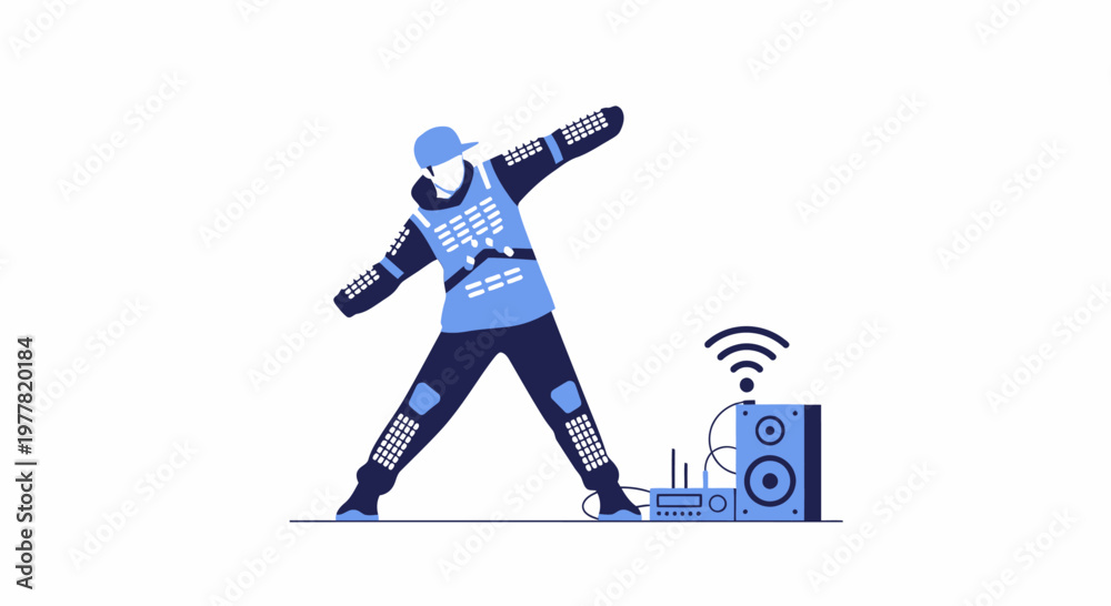 Fototapeta premium Dancer in futuristic LED suit performing with DJ equipment and speaker