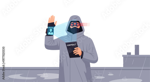 Hacker in hoodie with futuristic tech, waving hello, holding a tablet, digital interface on wrist