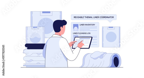 Laundry manager using tablet for inventory and tracking in a clean, modern laundry room.