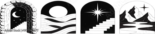 Four arched scenes stone arch moon and stars wavy water starburst stairs mountain river