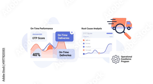 Logistics performance analytics dashboard with delivery truck and magnifying glass