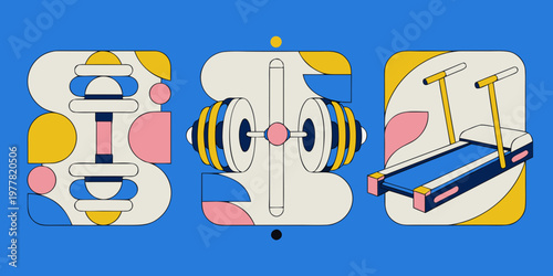 Abstract composition featuring stylized gym equipment: dumbbell barbell treadmill with geometric shapes abstract art abstract design abstract illustration active lifestyle