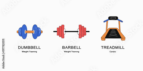 Set of stylized icons for gym equipment: blue and red dumbbell red barbell orange treadmill with flat design strength training gym accessory athletic equipment exercise machine