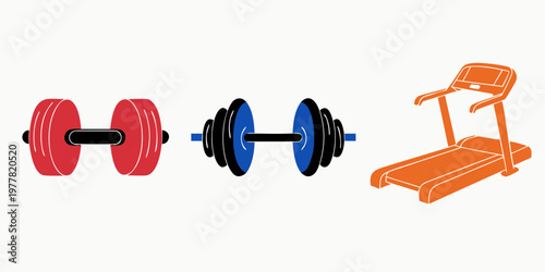 Simple line art icons for fitness equipment: red dumbbell blue barbell orange treadmill on a white background strength training gym accessory athletic equipment exercise machi