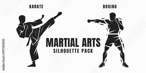 Karate fighter and boxer silhouette pack with martial arts kung fu self defense fighter jet silhouette training movement illustration kickboxing taekwondo exercise physical