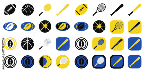 Collection of sports icons including footballs basketballs tennis rackets baseball bats in various colors and styles with football basketball baseball equipment competition