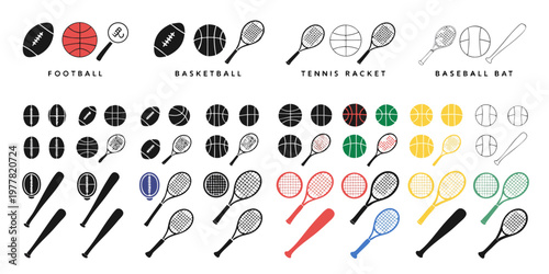 Collection of sports equipment icons: footballs basketballs tennis rackets baseball bats with tennis racket baseball bat sporting goods team sports individual sports various sizes