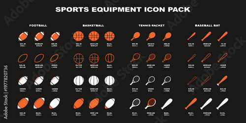 Sports equipment icon pack with footballs basketballs tennis rackets baseball bats in various styles and sizes tennis racket baseball bat sporting goods black background football