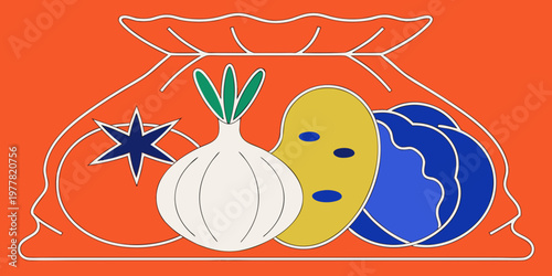 Stylized bag of vegetables: tomato onion potato cabbage with flat design orange background white outline vegetable shopping illustration ingredients nutrition vegetables