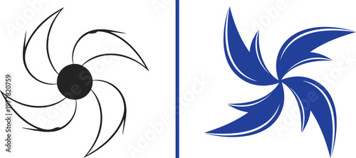 A vector graphic showing two dynamic emblems: a black line-art pinwheel with a solid center on the left and a bold blue flame-like vortex on the right, separated by a thin blue vertical line.