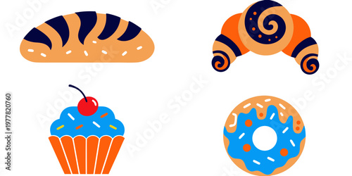 Collection of baked goods icons: bread croissant cupcake donut with flat design bread roll coffee break white background blue icing red cherry croissant illustration breakfast
