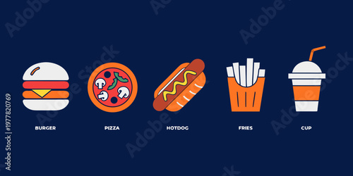 Collection of fast food icons including burger pizza hotdog fries soda with junk food burger icon burger vector food illustration flat design icon set combo meal street food