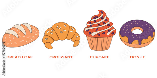 Assortment of baked goods including bread croissant cupcake donut with bakery items sweet bread sweet pastry sweet treats sweet snacks sweet desserts croissant breakfast
