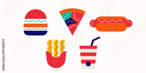 Abstract colorful flat design icons of burger pizza hotdog fries soda with fast food junk food burger icon set combo meal street food quick meal american food casual dining