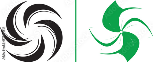 A vector graphic presenting two circular logos: a black crescent-shaped vortex on the left and a four-pointed green organic pinwheel on the right, separated by a thin vertical green line.