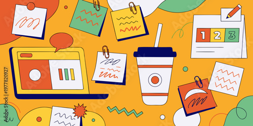 Flat design desktop and notes illustration with doodles coffee cup sticky notes paper clips todo list web design app design illustration business organization planning