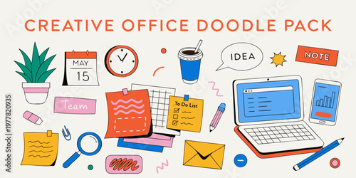 Creative office doodle pack: laptop mobile phone calendar sticky notes plant envelope magnifying glass with hand drawn flat design to do list creative calendar envelope business