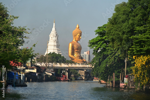 The Phra Phutthathamakaya Thepmongkol at Wat Pak Nam is a Buddha statue in the meditation posture and standing 69 meters tall. It is the tallest Buddha statue in Bangkok. Located in Thailand.